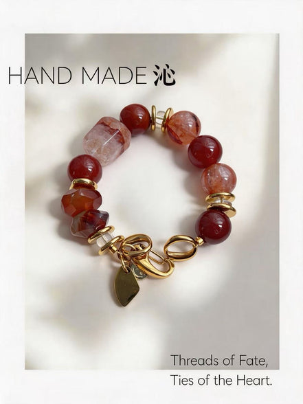 Red Agate & Crackle Crystal Gold Charm Bracelet | Quinn Jewelry