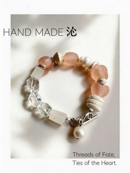 White Crystal Pink Glass Beaded Bracelet | Quinn Jewelry